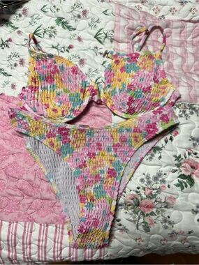 & Other Stories Pink Floral Smocked Bikini Set